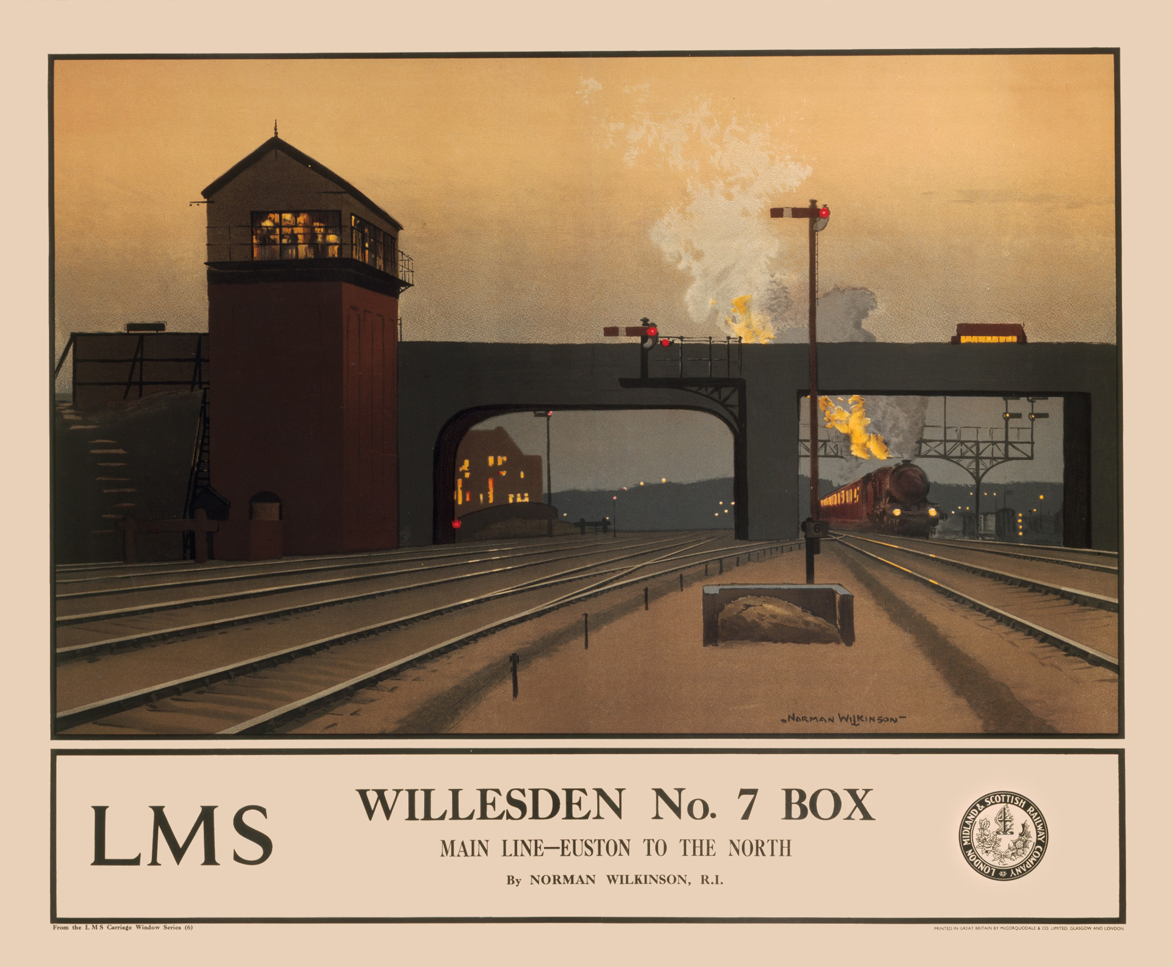 Poster produced for the London Midland & Scottish Railway (LMS). Artwork by Norman Wilkinson. A famous marine painter, Wilkinson made a major contribution to the art of camouflage. He designed posters for the London & North Western Railway, LMS and Southern Railway, and organised the Royal Academy series of posters for the LMS in 1924. He also worked for the Illustrated London News and Illustrated Mail. "