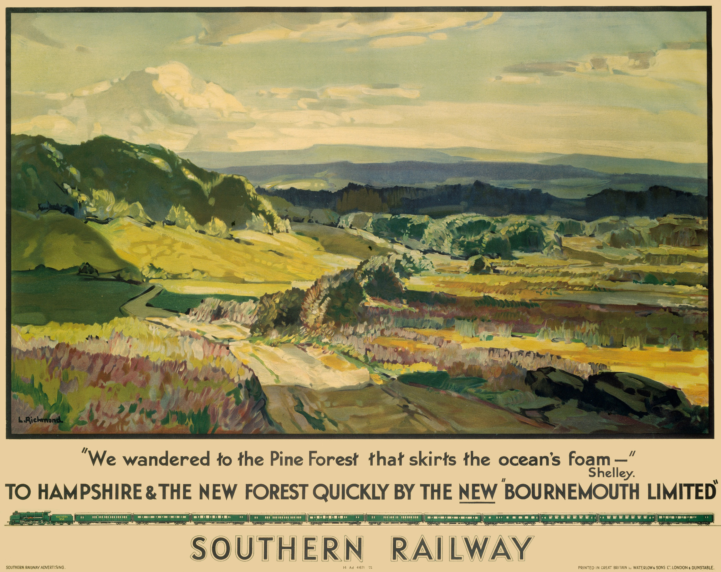 ‘To Hampshire and the New Forest Quickly by the New “Bournemouth Limited”’. Poster produced for Southern Railway (SR) promoting train services to Hampshire and the New Forest. The poster shows a panoramic view of the countryside with a quote by Percy Bysshe Shelley (1792-1822). Artwork by Leonard Richmond, who studied at the Taunton School of Art and Chelsea Polytechnic and exhibited widely both in London and abroad. He painted landscapes and figures and designed posters for the Great Western Railway (GWR) and Southern Railway (SR). Dimensions: 1016 mm x 1270 mm.